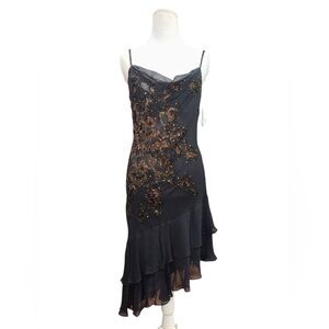Vintage Sue Wong 100% Silk Beaded Cocktail Dress 8P NWT Black Gold Sequin